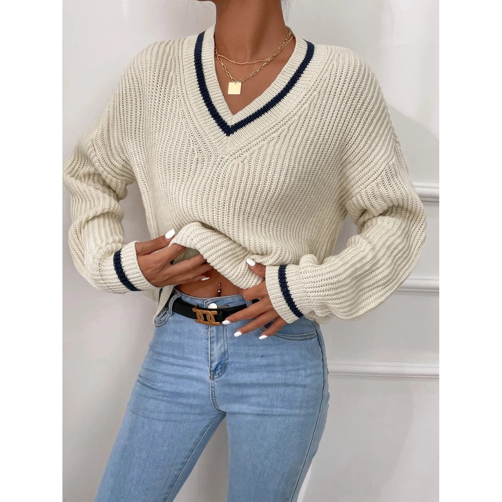 NWT Shein Frenchy Women's S Beige Striped Trim Drop Shoulder Cricket V Neck